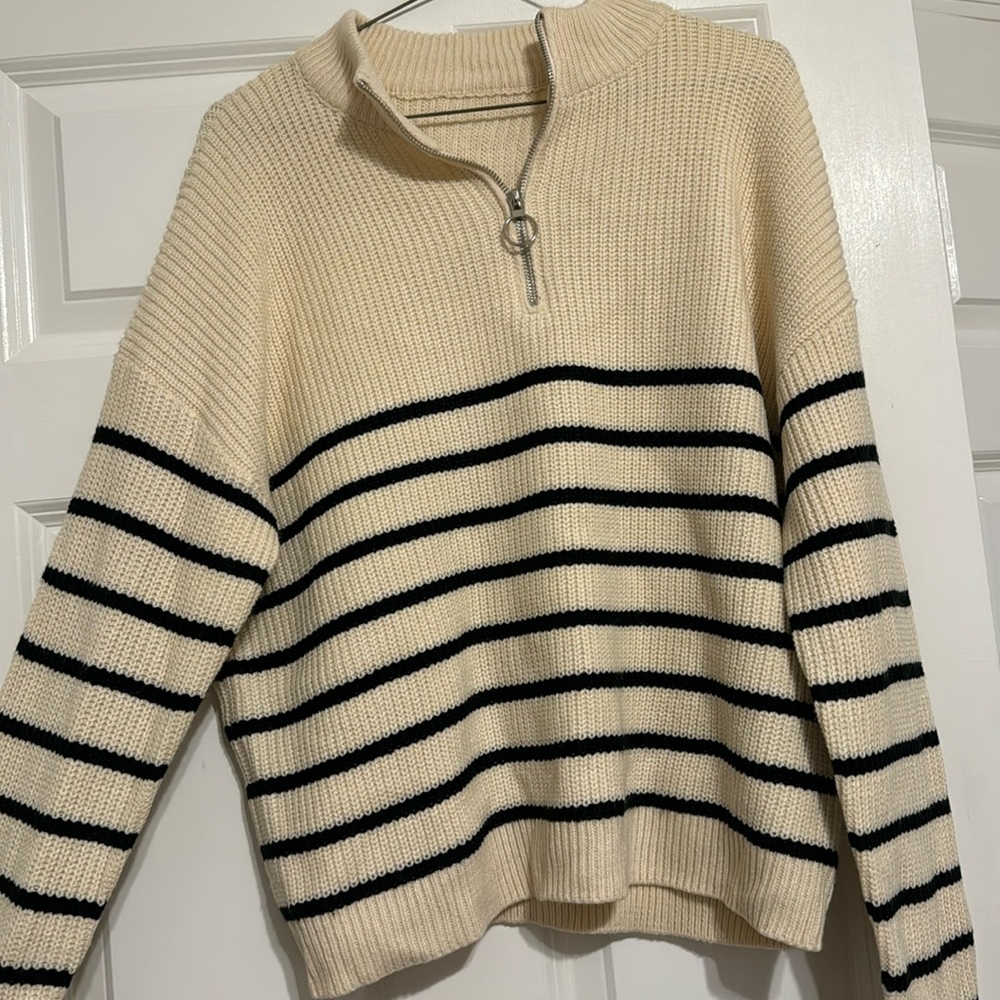 COPY - Cream & Black Stripes. Quarter Zip Sweater.